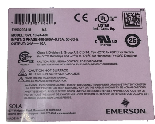 EMERSON SVL 10-24-480 AC/DC Power Supply Module 480V 3PH Input 24VDC Output