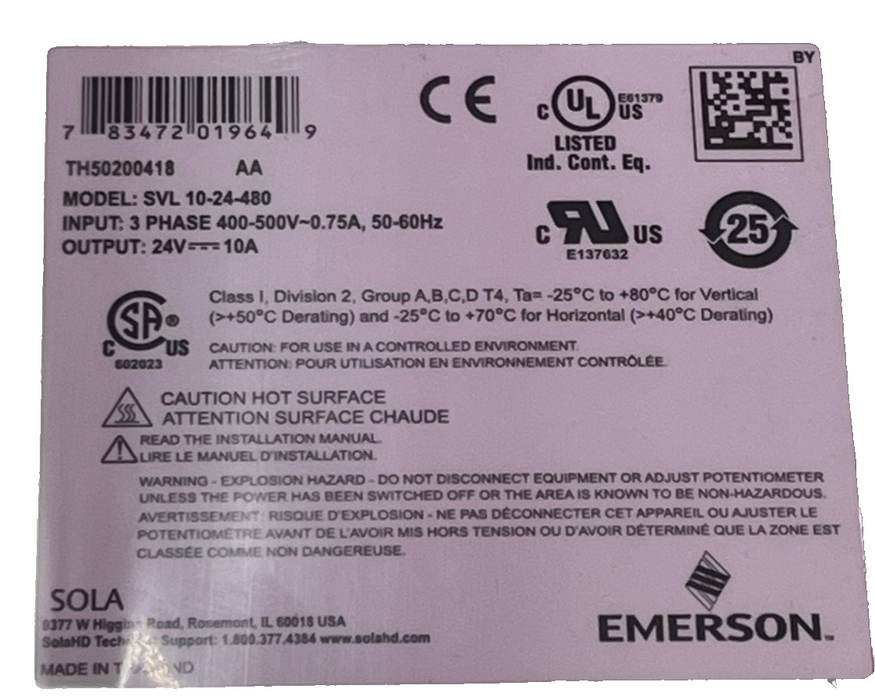 EMERSON SVL 10-24-480 AC/DC Power Supply Module 480V 3PH Input 24VDC Output