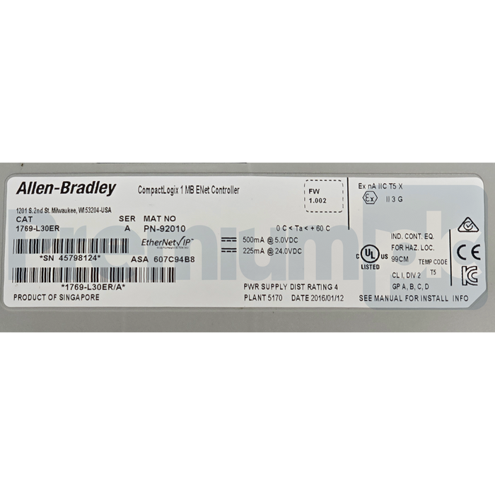 Allen-Bradley 1769-L30ER /A CompactLogix 5370 L3 Controller 1MB Dual ENet NSNP