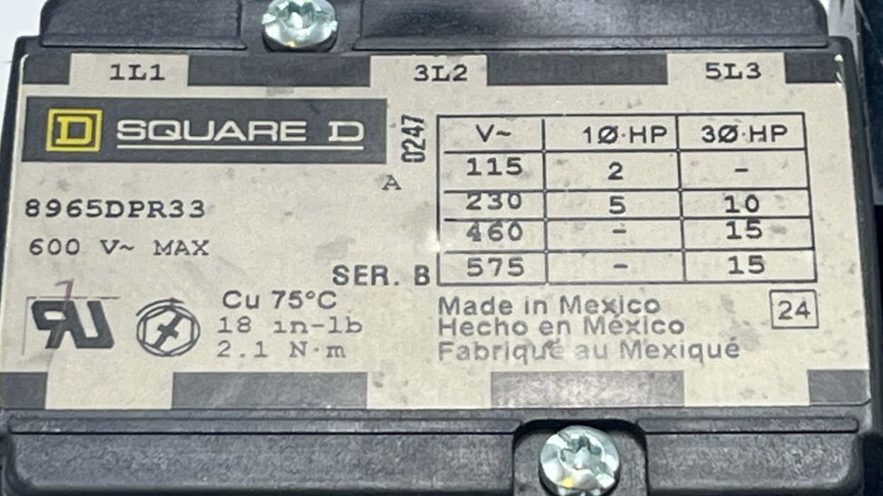 SQUARE D 8965DPR33V02 Ser. B Reversing Hoist Contactor 30A 600V 120V Coil, NSNP