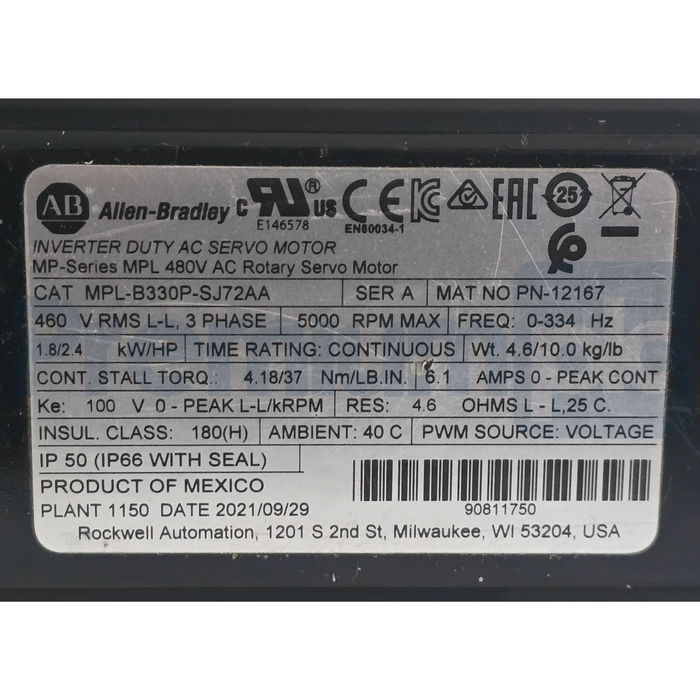 Allen Bradley MPL-B330P-SJ72AA /A Kinetix MPL Servo Motor 460V 1.8kW w/o Brake