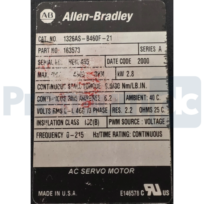 Allen Bradley 1326AS-B460F-21 /A AC Servo Motor 2.8kW 4300RPM 460V 163573 NSNP