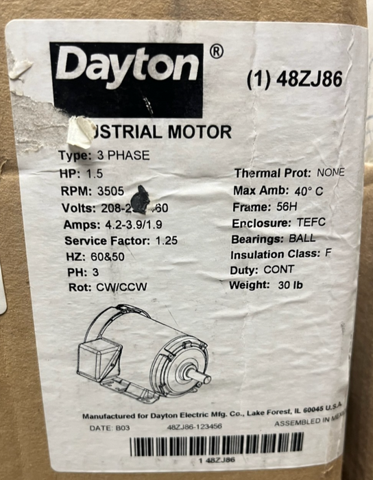 Dayton 48ZJ86 1.5 HP General Purpose Motor 3-Phase 3465 RPM | TEFC | 56H Frame