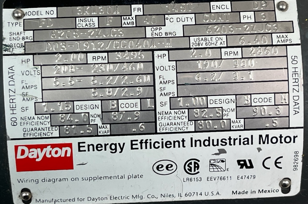 Dayton 3KW30A (31TU30) General Purpose Motor 3 HP 1750 RPM 3-Phase 230/460V