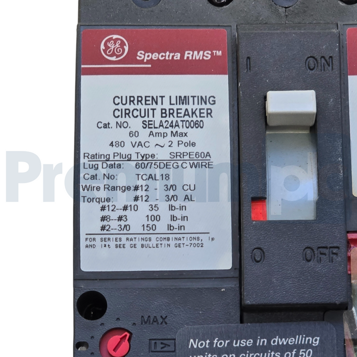 GE / ABB Spectra RMS SELA24AT0060 2-Pole 60A 480VAC Circuit Breaker Bolt-On NSMP
