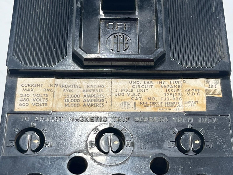 ITE FJ3-200 CIRCUIT BREAKER 200 AMP 3 POLE 600 VAC