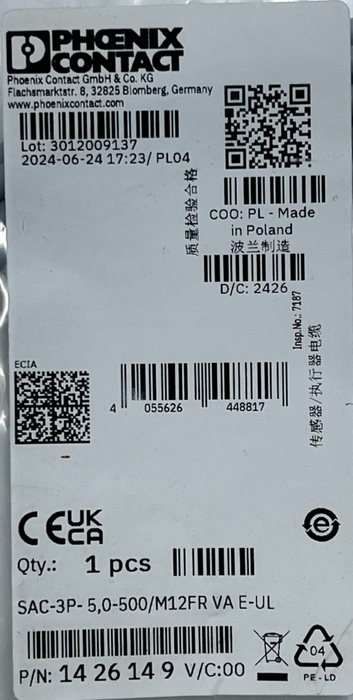 Phoenix Contact 1426149 SAC-3P-5,0-500/M12FR VA E-UL Sensor/Actuator Cable 5m