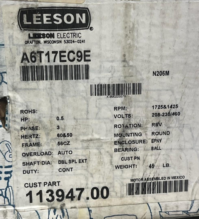 LEESON A6T17EC9E Explosion Proof Motor | 1/2 HP, 1725 RPM, 3PH, 56C Frame | NSMP