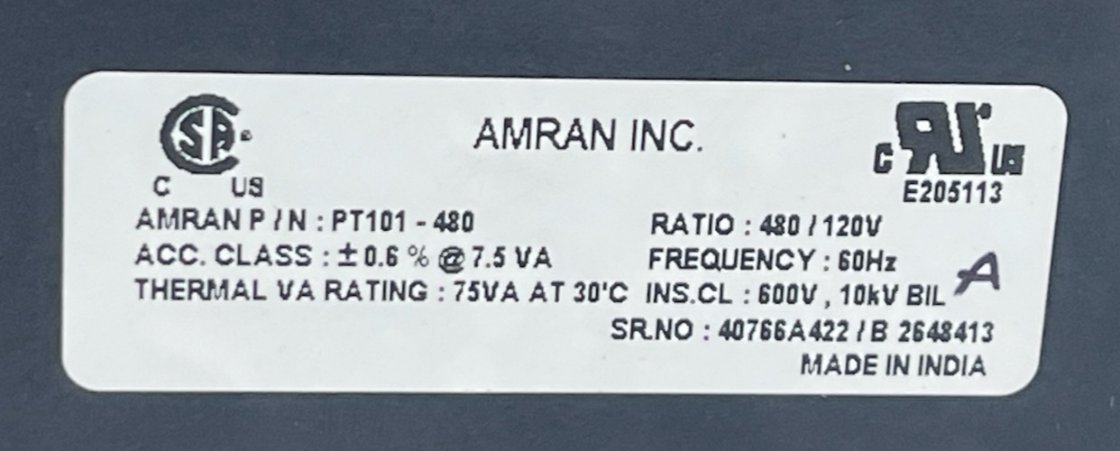 Amran PT101-480 Potential Transformer | 480V:120V Ratio 4:1 | 150VA | 600V Class