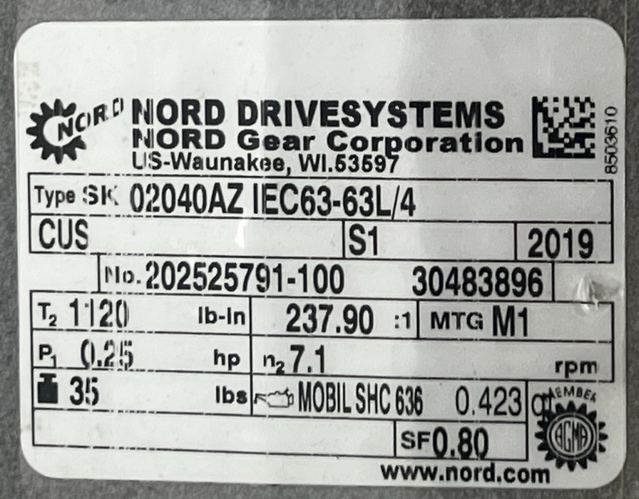 NORD SK63L/4 CUS Inverter Duty Motor w/ SK02040AZ-IEC63 Gearbox 0.25HP 3-Phase
