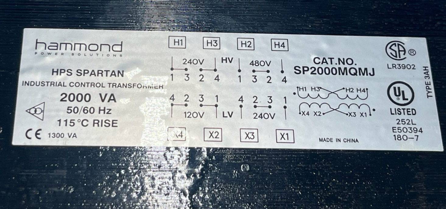 Hammond SP2000MQMJ Control Transformer 2kVA 240/480V to 120/240V | HPS Spartan