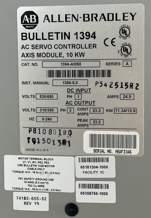 Allen-Bradley 1394-AM50 AC Servo Axis Module Ser A 10kW 530/680V 1PH 24.9A