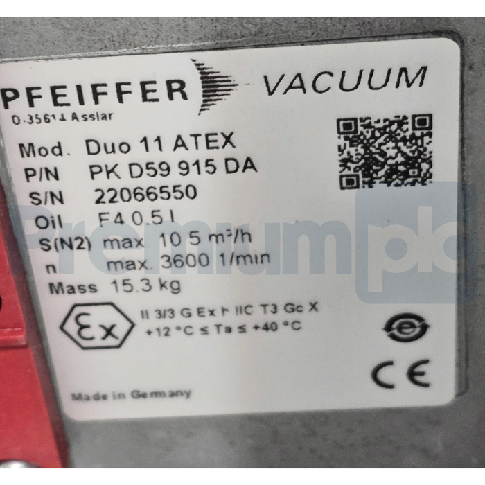 Pfeiffer Vacuum Duo 11 ATEX Vacuum Pump 230V .25kW 10.5 m3/h PK D59 915 DA NSMP