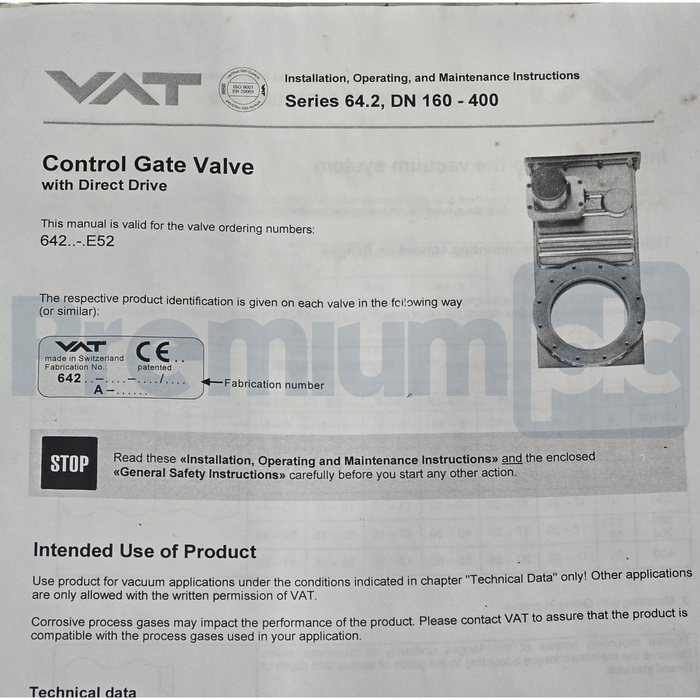 VAT 64246-PE52 Series 64.2 HV Control Gate Valve DN200 8" 64246-PE52-0003/0158