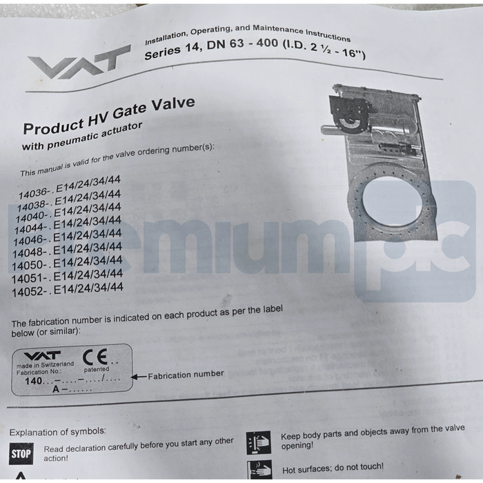 VAT 14046-PE24 Series 14.0 HV Gate Valve S/S DN-200 8" 14046-PE24-0006/0381 NSMP