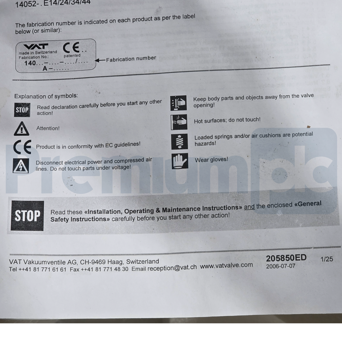 VAT 14046-PE24 Series 14.0 HV Gate Valve S/S DN-200 8" 14046-PE24-0006/0381 NSMP