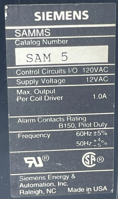 Siemens SAMMS-LVX SAM 5 Module Motor Master System I/O Control 120VAC
