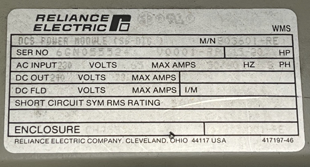 Reliance Electric 803601-RE Power Module - 240V 73A - S6-DIG - Cat No 00545228