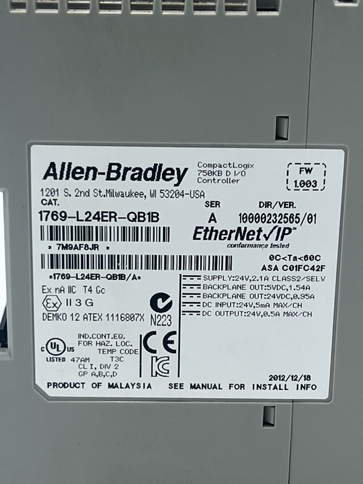 Allen-Bradley 1769-L24ER-QB1B CompactLogix 5370 L2 Controller Ser A 750KB