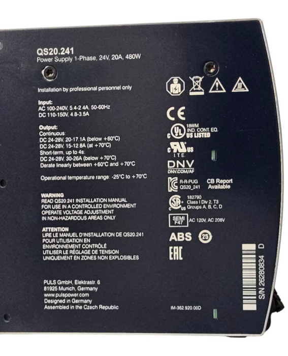 PULS Dimension QS20.241 DIN Rail Power Supply | 24V 20A 480W | AC 100-240V In