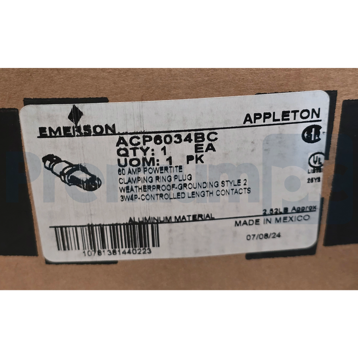 Appleton ACP6034BC Powertite 60 Amp 600V 3-Wire 4-P Metallic Clamping Ring Plug