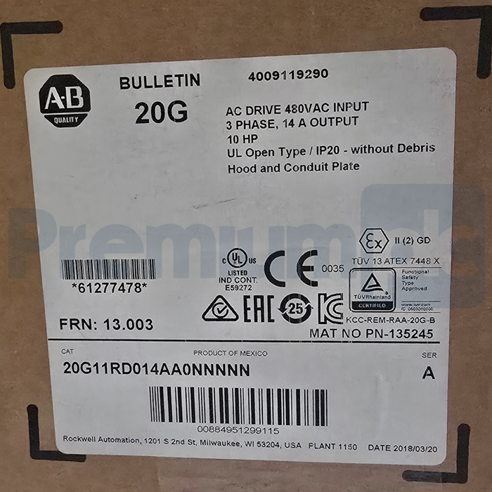 Allen-Bradley 20G11RD014AA0NNNNN /A PowerFlex 755 AC Drive 10HP 480V 14A NSMP
