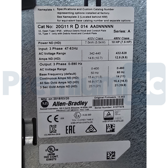 Allen-Bradley 20G11RD014AA0NNNNN /A PowerFlex 755 AC Drive 10HP 480V 14A NSMP