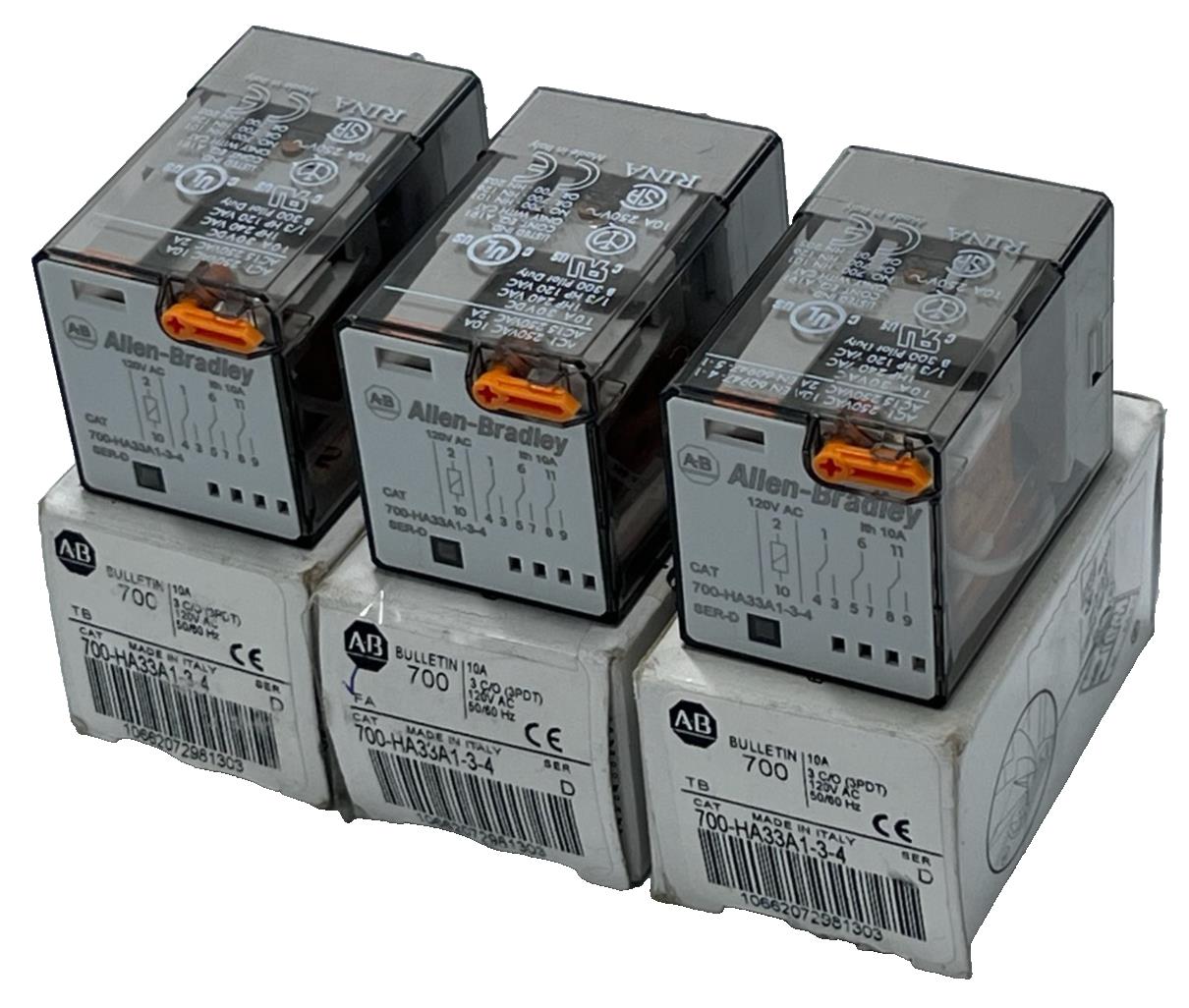 Lot of 3 Allen Bradley 700-HA33A1-3-4 Relays Ser. D 120VAC 10A 3PDT 11-Pin LED