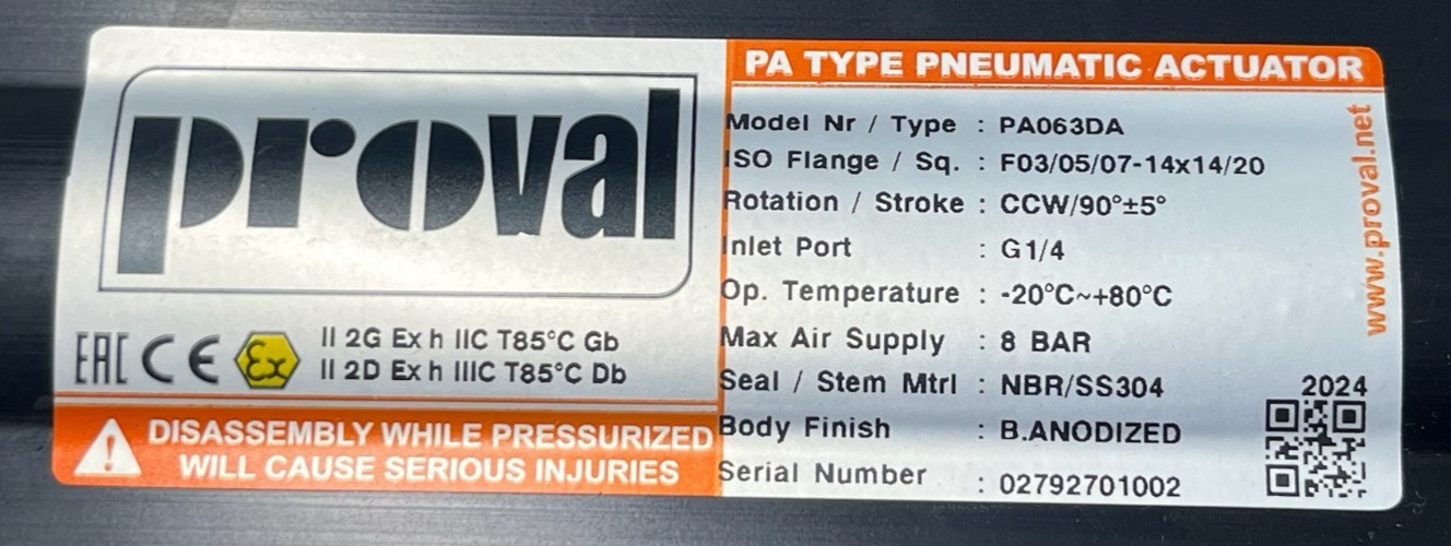 Proval PA063DA A210 Series Double Acting Pneumatic Actuator NSMP