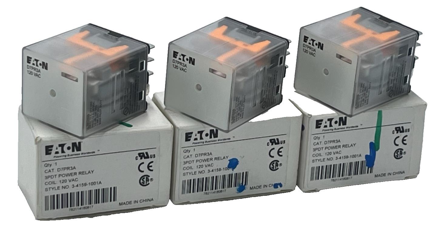 Lot of 3 Eaton D7PR3A Power Relays - 3PDT 15A 120VAC Coil - General Purpose Plug