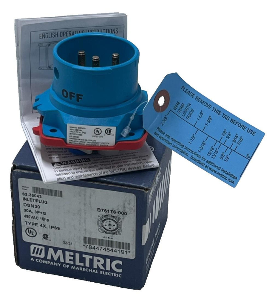 Meltric 63-38043 DSN30 Switch Rated Inlet Plug 30A 480VAC 3P+G Type 4X IP69K