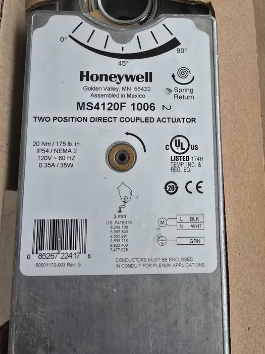 Honeywell MS4120F1006 Fast-Acting Two-Position SPST Actuator 120V 175 lb-in NSMP