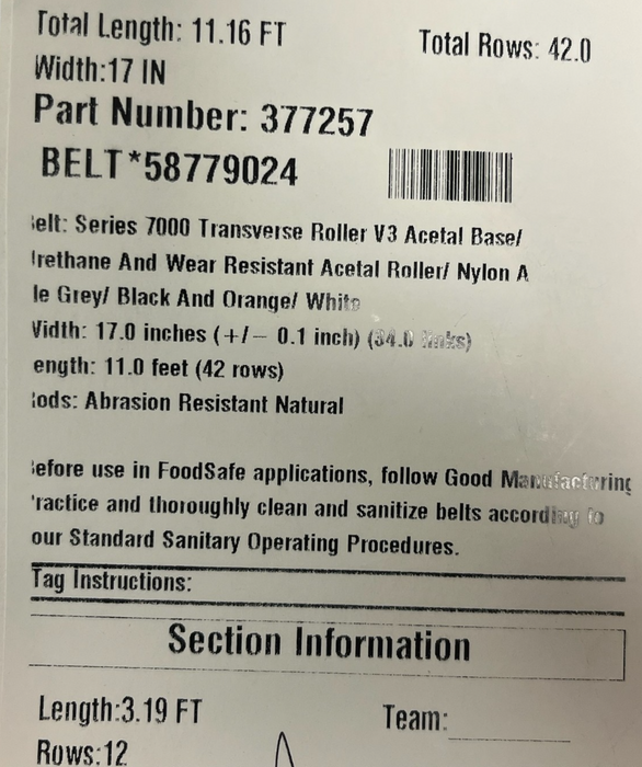 Intralox 7000 Series Transverse Roller V3 Belt 17"W x 11' L (42 Rows) 377257 NEW