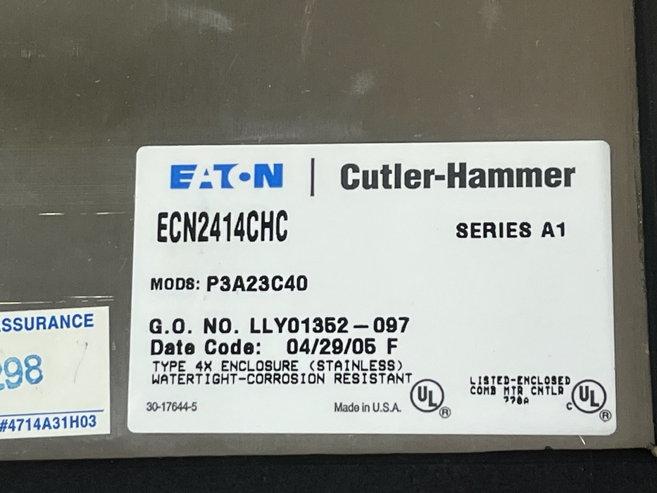 Eaton ECN2414CHC Stainless 4X Enclosure w/ HMCP Breaker & Transformer, P3A23C40