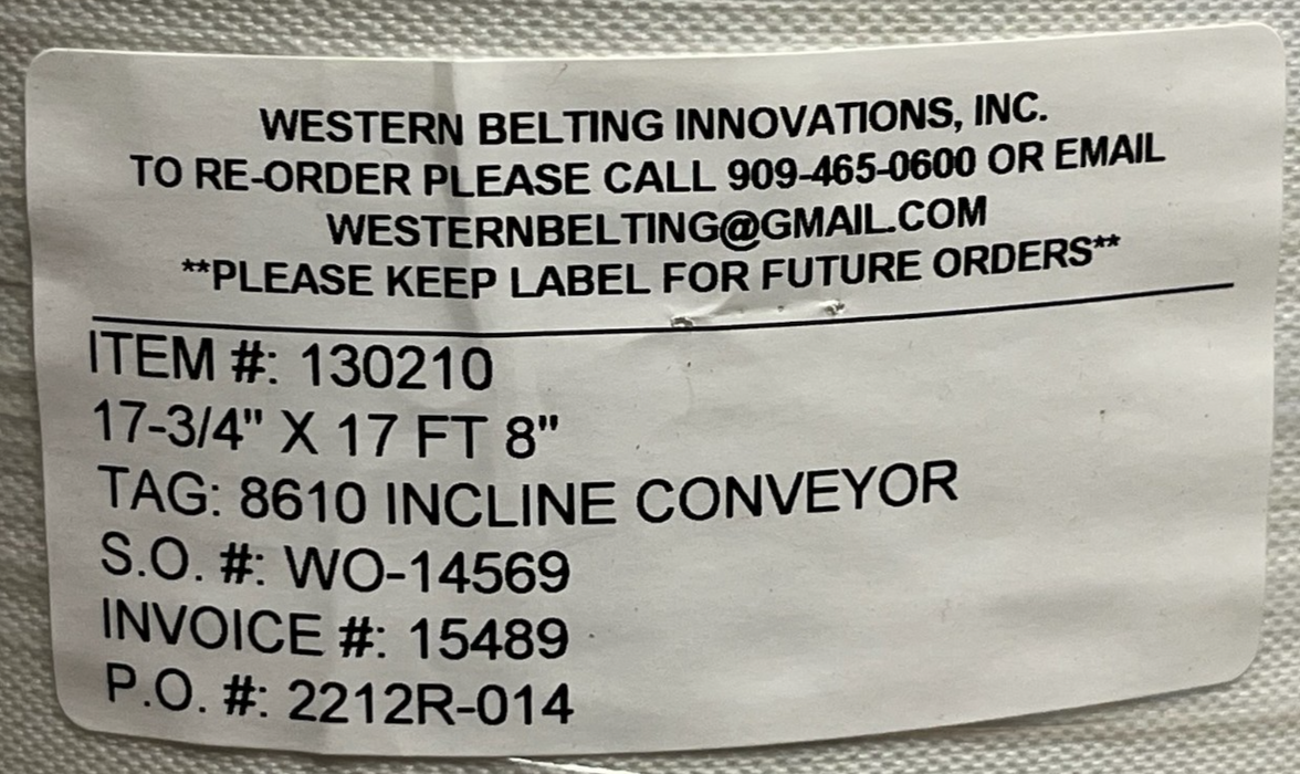 Western Belting 130210 White Polyurethane Conveyor Belt 17-3/4" x 17' 8" - NEW