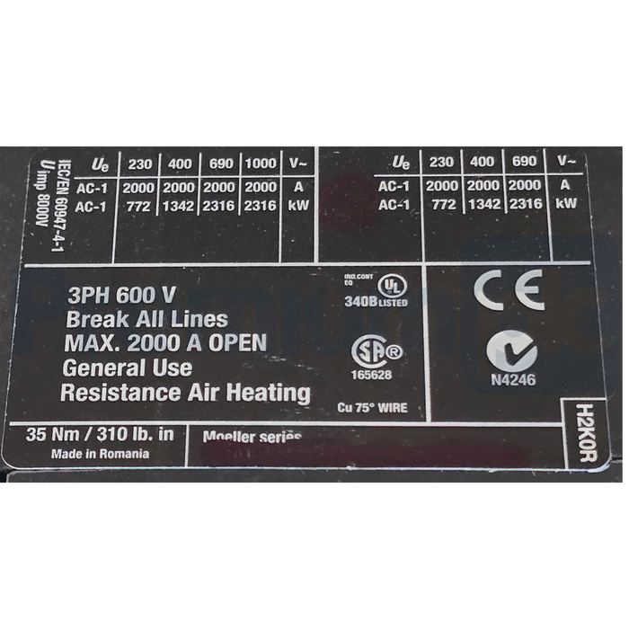 Eaton XTCEC20R22B DIL H2000 XT IEC Contactor 3P 600V 2000A 2NO-2NC Non-Reversing