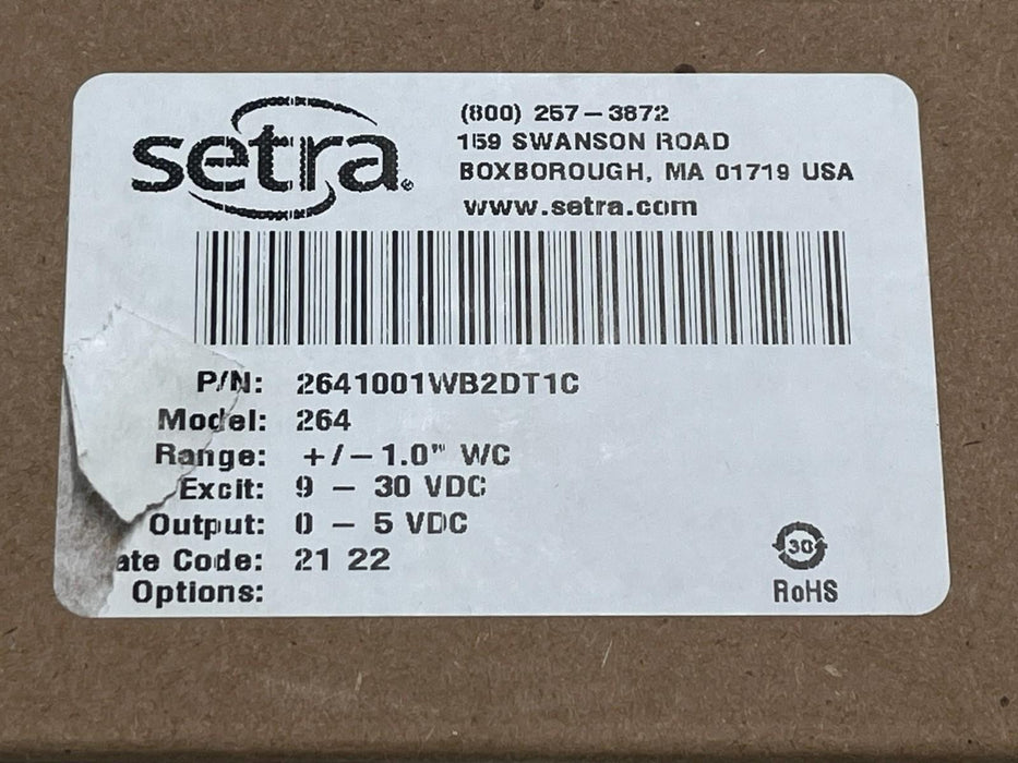NEW Setra 264 Low Differential Pressure Transducer 0-1" WC 4-20mA 2641001WB2DT1C