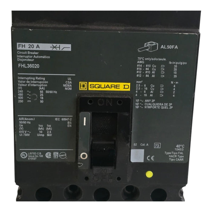 Square D FHL36020 Molded Case Circuit Breaker | 20A 3-Pole 600V F-Frame NSNP