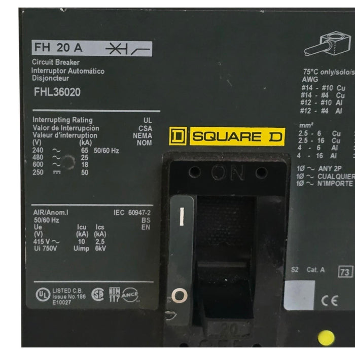 Square D FHL36020 Molded Case Circuit Breaker | 20A 3-Pole 600V F-Frame NSNP