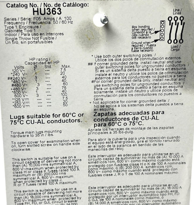 Square D HU363 Heavy Duty Safety Switch 100A 600V 3-Pole Non-Fusible - NSMP
