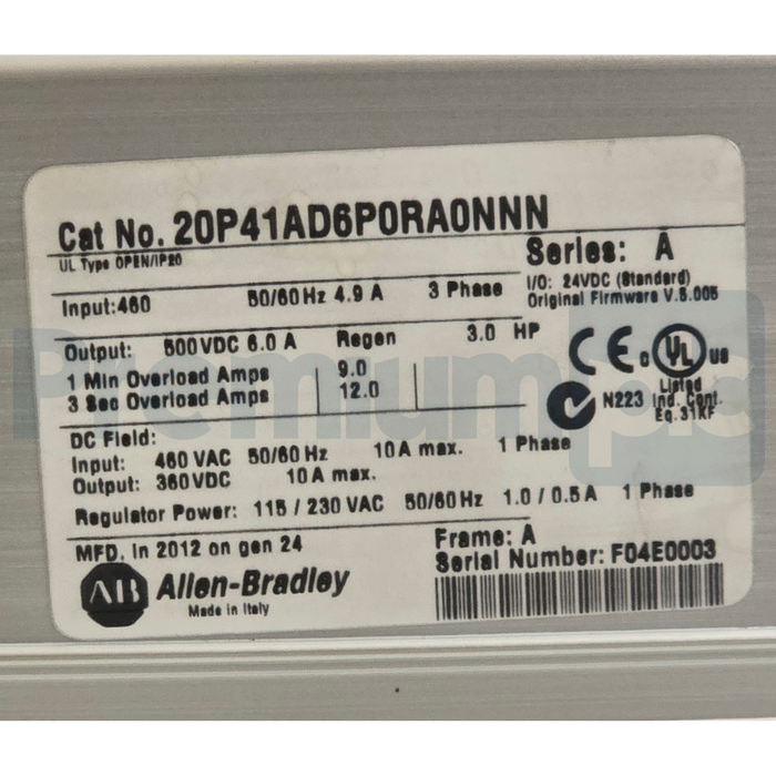 Allen-Bradley 20P41AD6P0RA0NNN /A PowerFlex DC Drive 3HP 460VAC 3PH w/HMI USPI