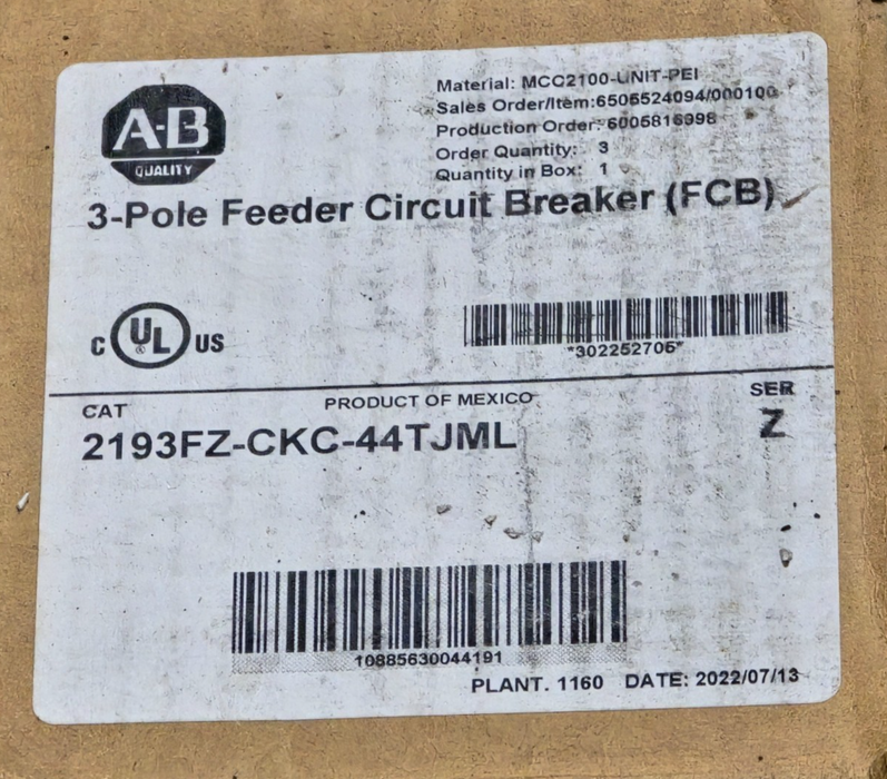 Allen-Bradley 2193FZ-CKC-44TJML /Z CENTERLINE 2100 MCC Feeder Bucket 225A W/Trip