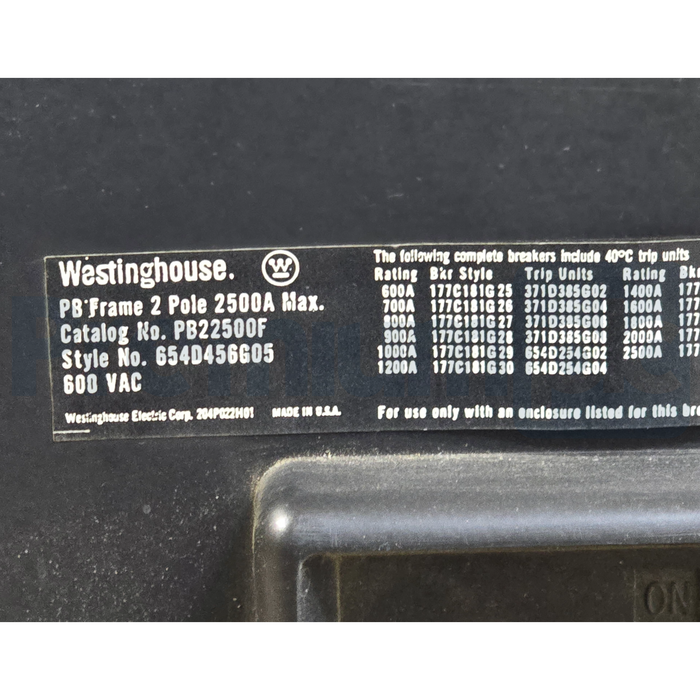 Westinghouse PB22500F 2500A 2-Pole 600V Circuit Breaker 654D456G05 w/ 2000A Trip