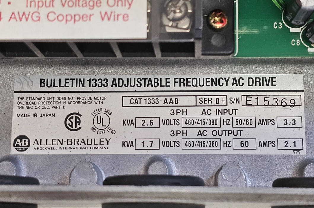 ALLEN BRADLEY 1333-AAB ADJUSTABLE FREQUENCY AC DRIVE 1333AAB SER. D