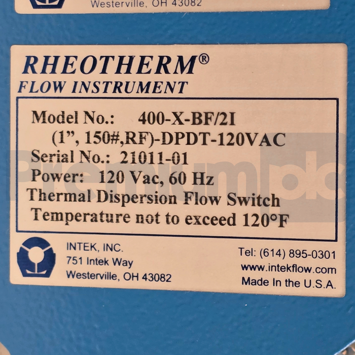 Intek Rheotherm 400-X-BF/2I Dispersion Flow Switch | 120VAC | 1" 150# RF BF/2I