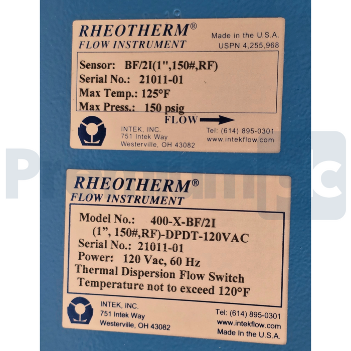 Intek Rheotherm 400-X-BF/2I Dispersion Flow Switch | 120VAC | 1" 150# RF BF/2I