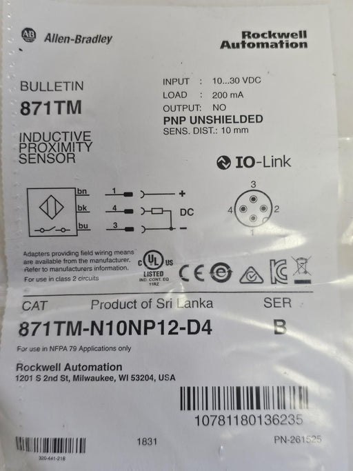 NEW ALLEN BRADLEY 871TM-N10NP12-D4 SER. B PROXIMITY SENSOR 871TMN10NP12D4