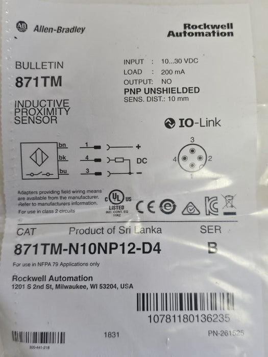 NEW ALLEN BRADLEY 871TM-N10NP12-D4 SER. B PROXIMITY SENSOR 871TMN10NP12D4
