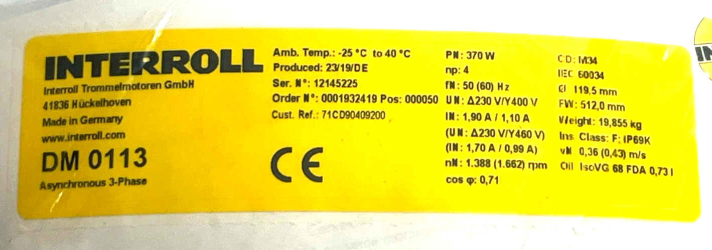 Interroll DM 0113 Drum Motor 370W 460V 3PH IP69K PU Lagged Shell 113.5mm x 300mm