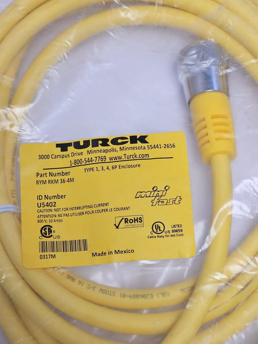 NEW TURCK RYM RKM 36-4M DOUBLE ENDED CORDSET ID NUMBER: U5402 (4 METER LENGTH)